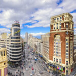 MADRID, SPAIN - OCTOBER 15, 2014: Gran Via at the Iconic Schweppes Building. The street is the main shopping district of Madrid.